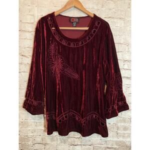 Cherry Krave Tunic Top Womens XXL Maroon Red Velvet Embroidered Eyelets Stretch